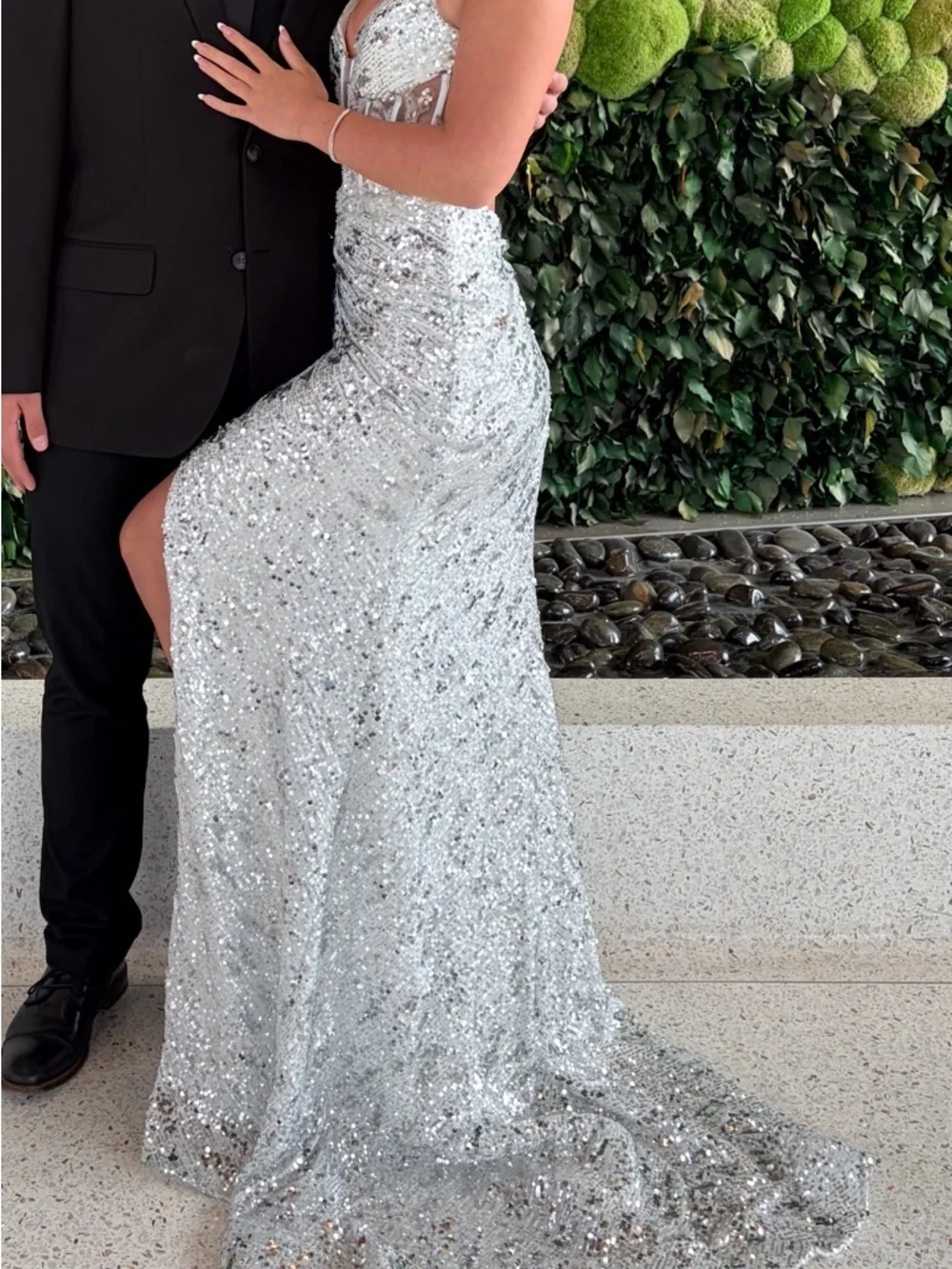 Sherri Hill Silver Sequin Spaghetti-Strap Prom Gown with Sheer Corset - Picture 2 of 3